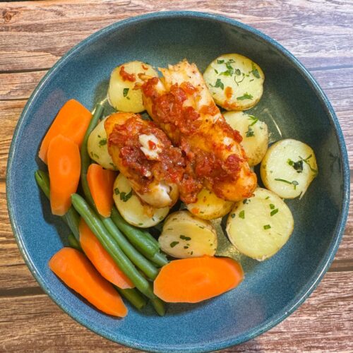 Pan-Fried Basa Fillets with Herby Potatoes and Vegetables
