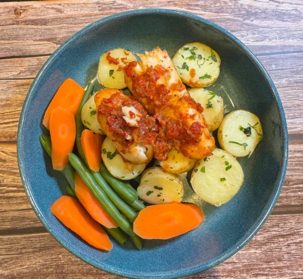 Pan-Fried Basa Fillets with Herby Potatoes and Vegetables