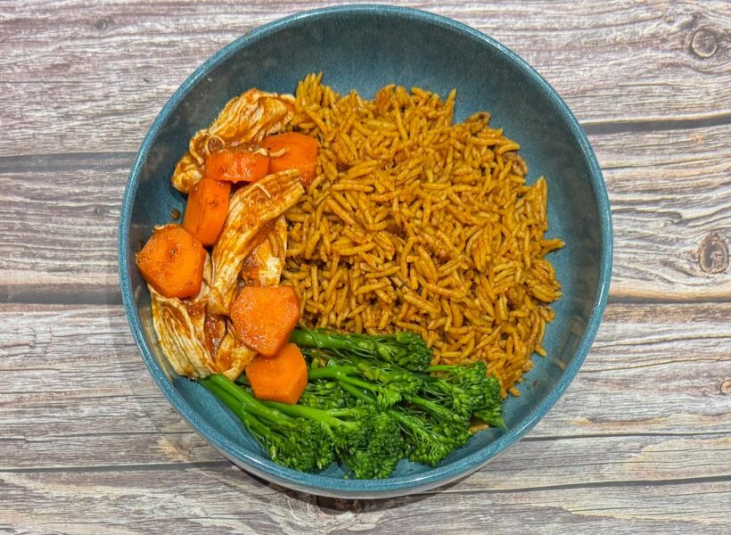 Stew Chicken with brocoli and Jollof rice