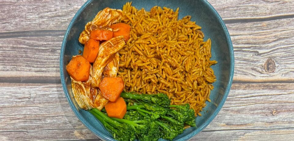 Stew Chicken with brocoli and Jollof rice