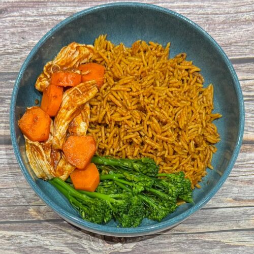 Stew Chicken With Jollof Rice And Broccoli