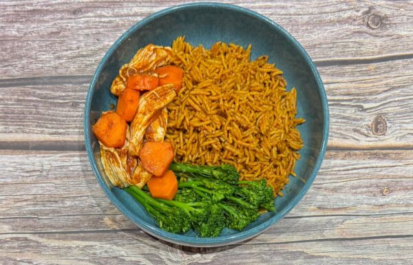 Stew Chicken With Jollof Rice And Broccoli