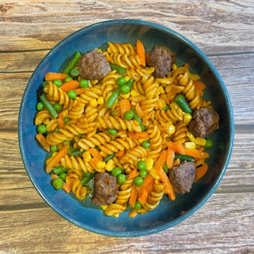 Tomato Herb Meatballs with Pasta and Mix Veggies